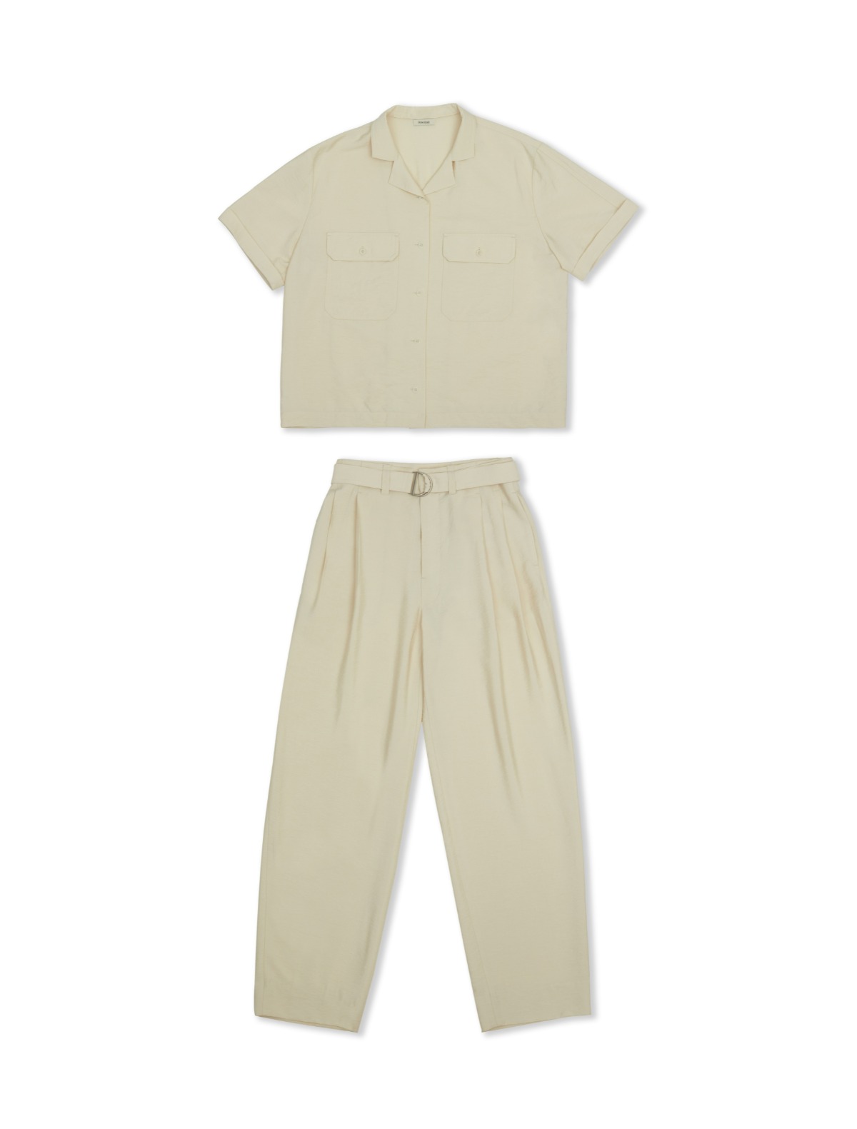 Flap Pocket Shirt &amp; High-Waisted Belted Trousers Set (Ivory)