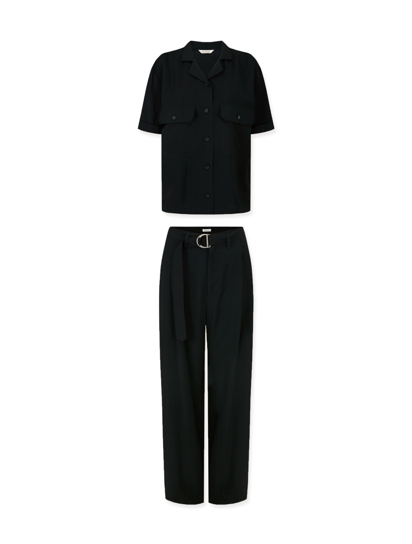 Flap Pocket Shirt &amp; High-Waisted Belted Trousers Set (Black)