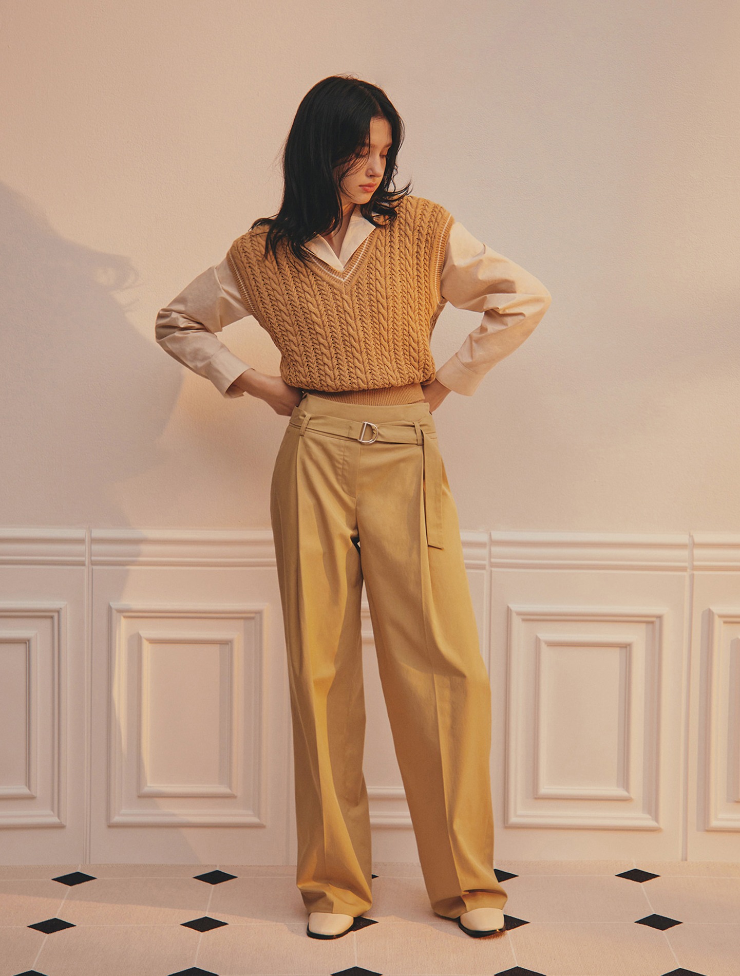 Double Waistband Belted Trousers (Camel)