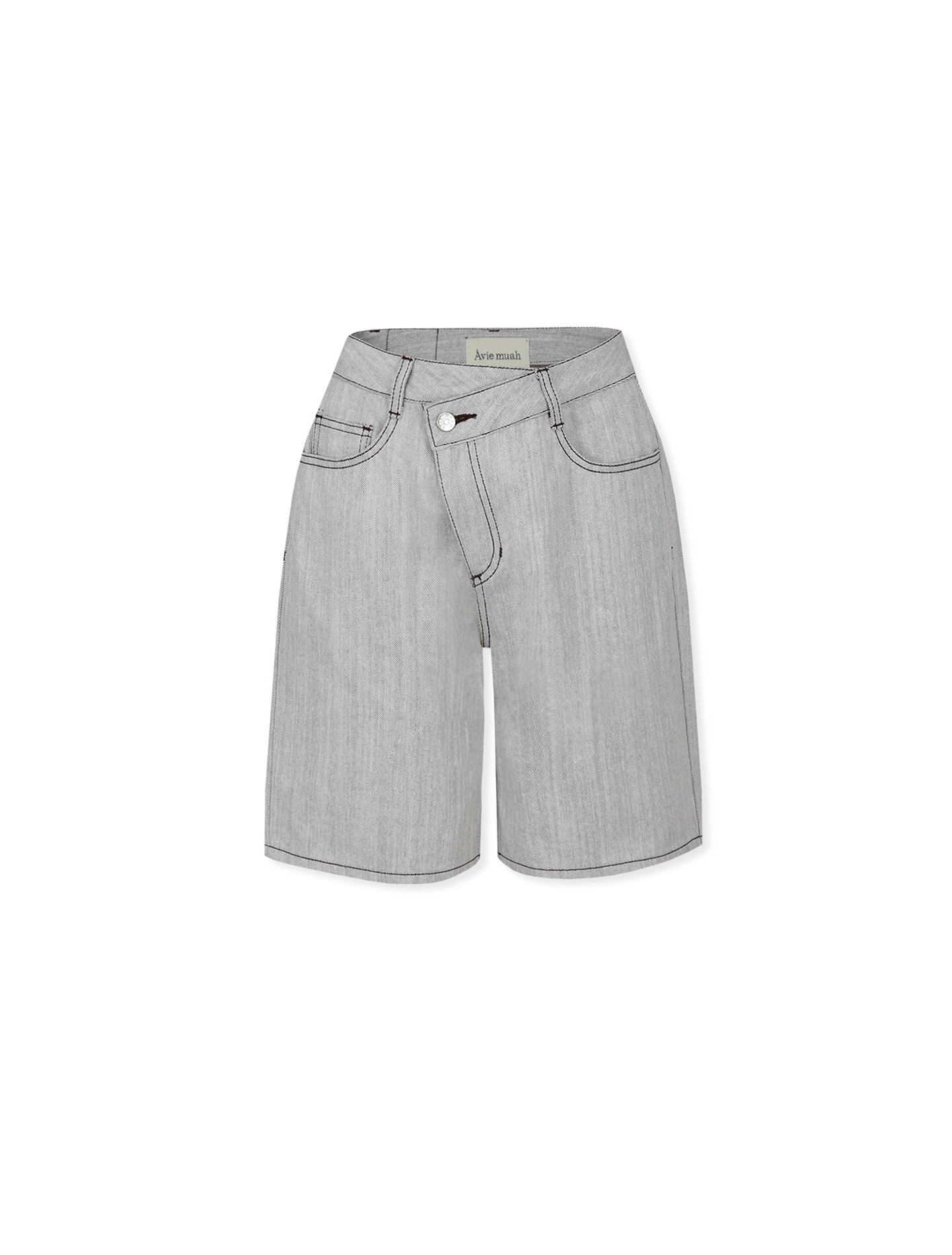 Mid-Rise Asymmetric Denim Shorts (Brown)