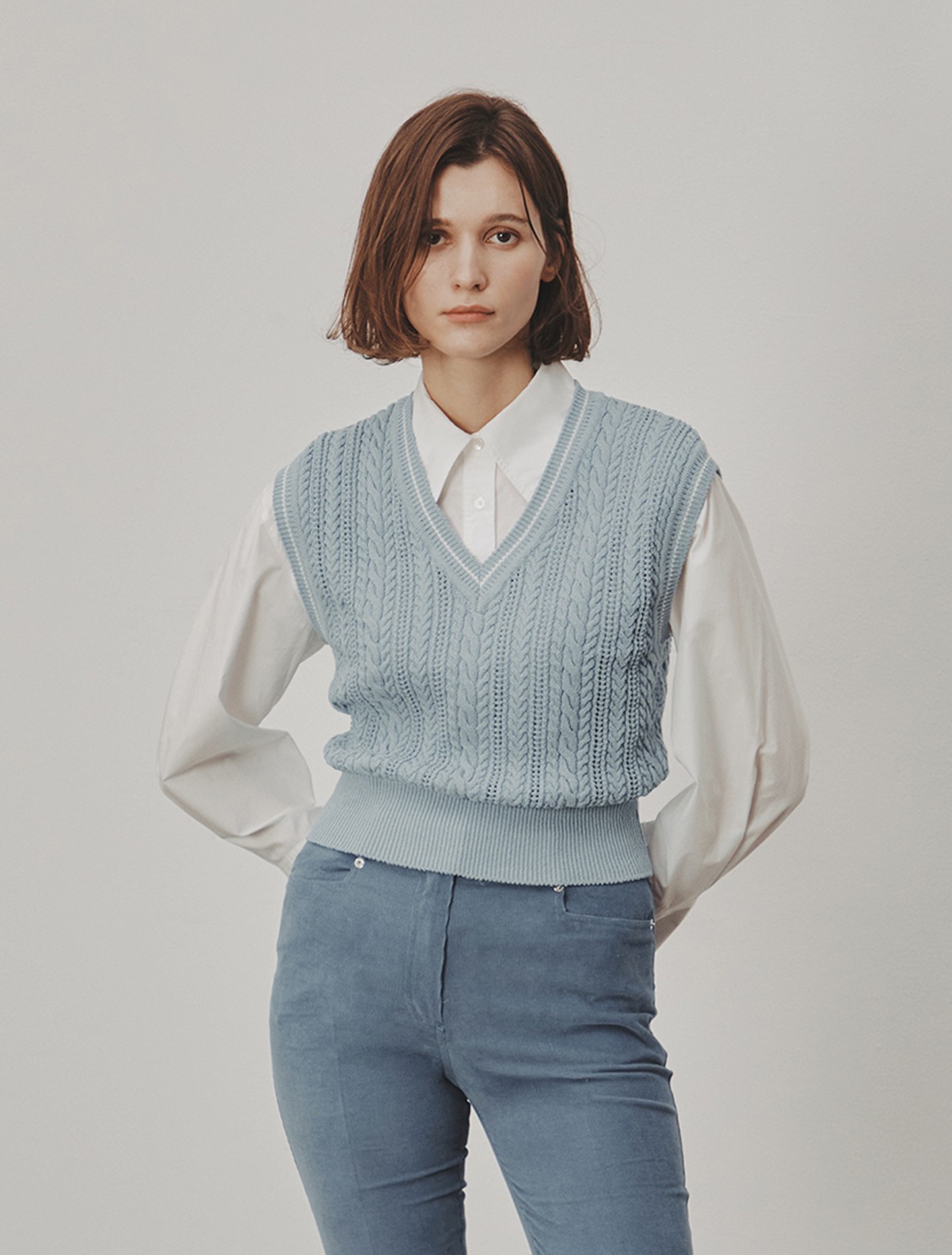 Cable Knit Cotton Sweater Vest (Blue)