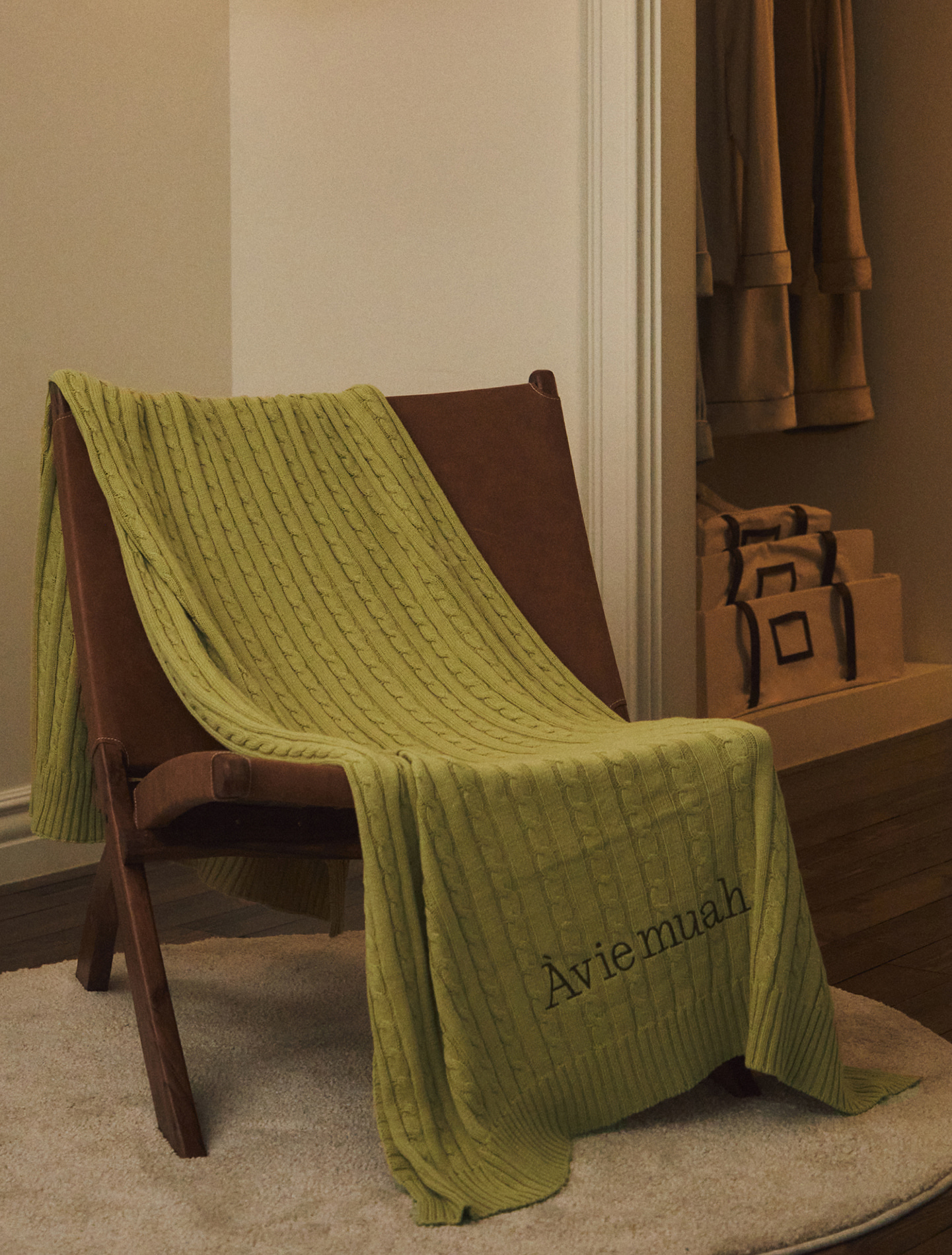Cable Knit Cotton Blanket (Yellow Green)